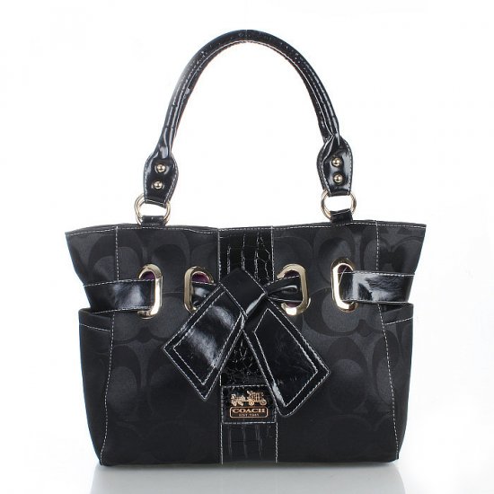 Coach Poppy Bowknot Signature Medium Black Totes FDD - Click Image to Close